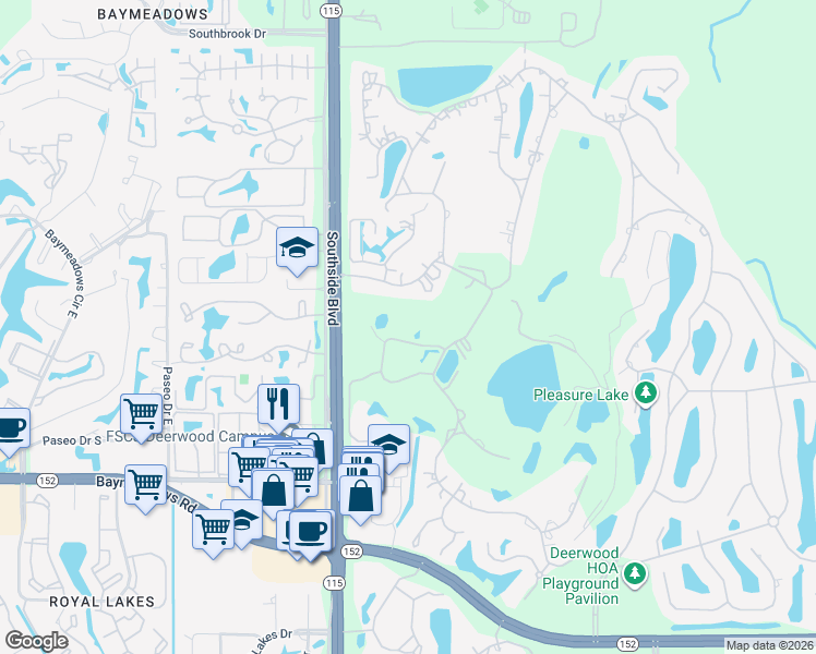 map of restaurants, bars, coffee shops, grocery stores, and more near 10119 Leisure Lane North in Jacksonville