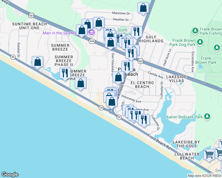 map of restaurants, bars, coffee shops, grocery stores, and more near 222 San Vincente Street in Panama City Beach