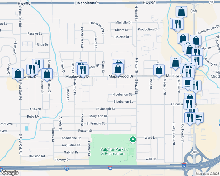 map of restaurants, bars, coffee shops, grocery stores, and more near 604 Shady Lane in Sulphur