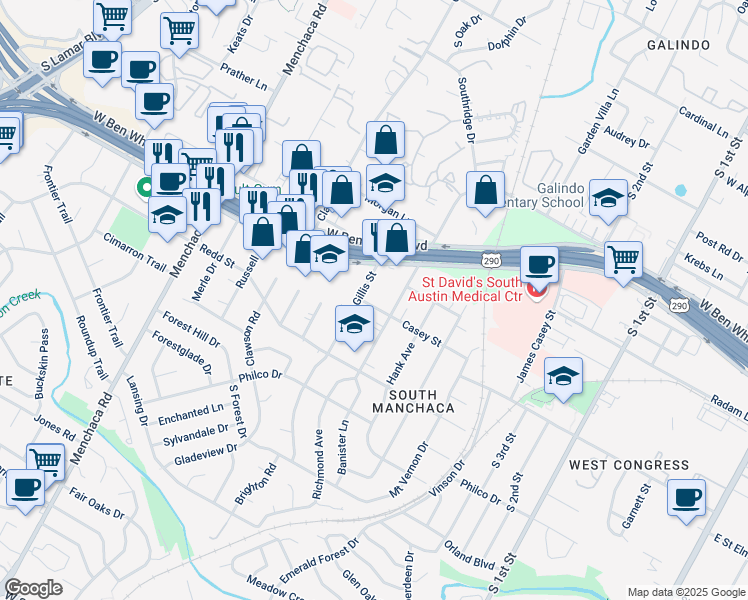 map of restaurants, bars, coffee shops, grocery stores, and more near 4315 Gillis Street in Austin