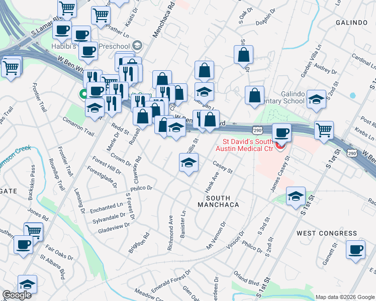 map of restaurants, bars, coffee shops, grocery stores, and more near 4400 Gillis Street in Austin