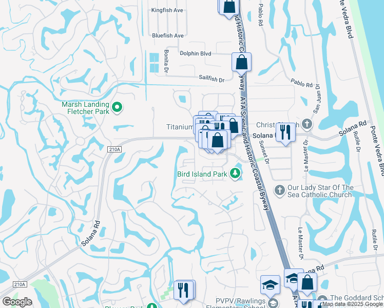 map of restaurants, bars, coffee shops, grocery stores, and more near 100 Ironwood Drive in Ponte Vedra Beach