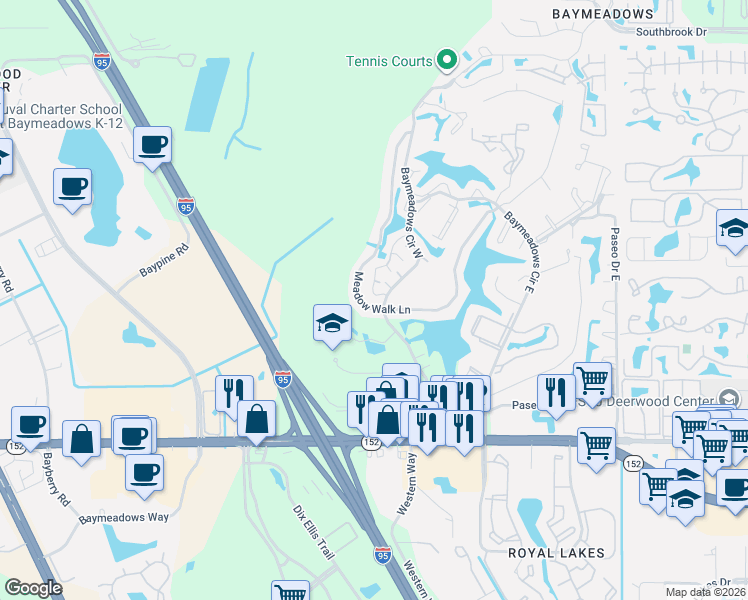 map of restaurants, bars, coffee shops, grocery stores, and more near 9238 Carnoustie Lane in Jacksonville