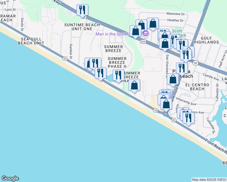 map of restaurants, bars, coffee shops, grocery stores, and more near 17292 Front Beach Road in Panama City Beach