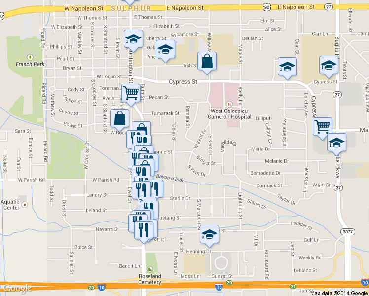 map of restaurants, bars, coffee shops, grocery stores, and more near 1323-1325 Pamela Street in Sulphur