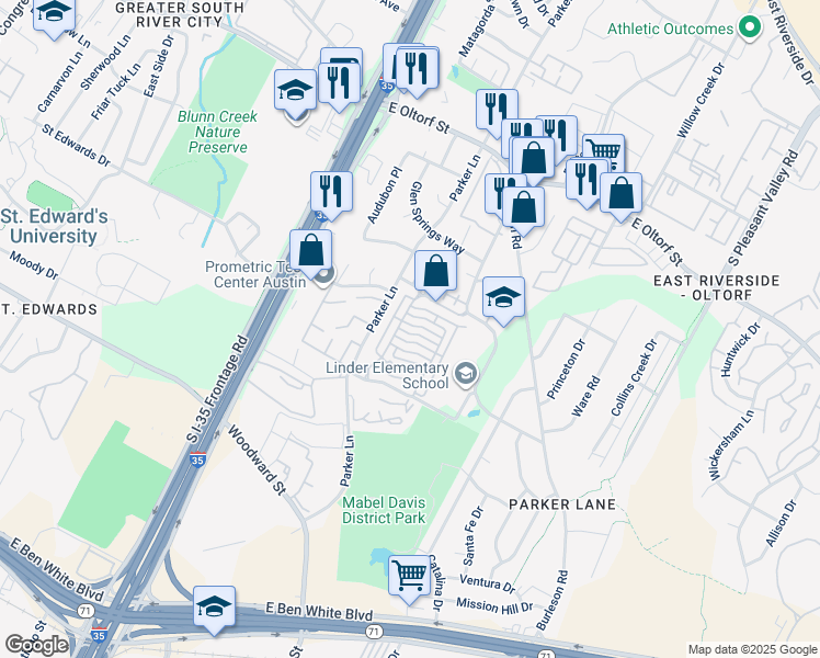 map of restaurants, bars, coffee shops, grocery stores, and more near 1900 Dinsdale Lane in Austin