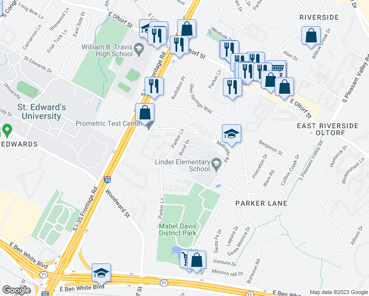 map of restaurants, bars, coffee shops, grocery stores, and more near 1900 Dinsdale Lane in Austin
