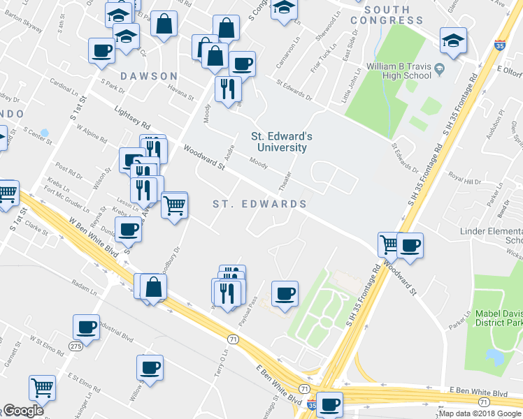 map of restaurants, bars, coffee shops, grocery stores, and more near in Austin