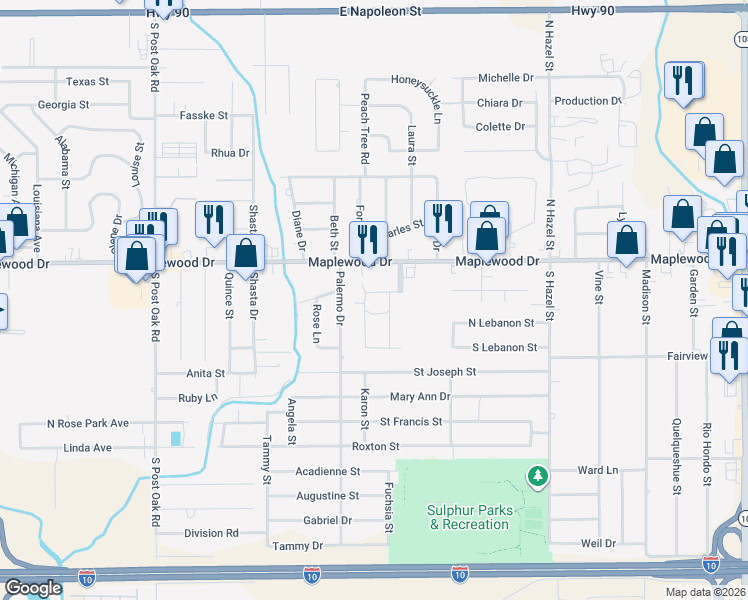 map of restaurants, bars, coffee shops, grocery stores, and more near 205 Pin Oak Drive in Sulphur