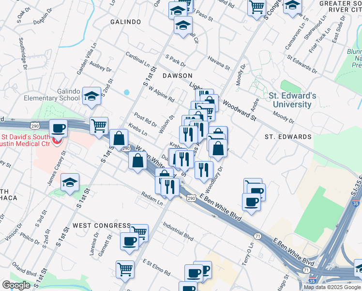 map of restaurants, bars, coffee shops, grocery stores, and more near 207 Lessin Lane in Austin