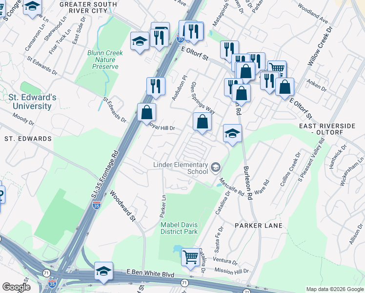 map of restaurants, bars, coffee shops, grocery stores, and more near 1900 Dinsdale Lane in Austin