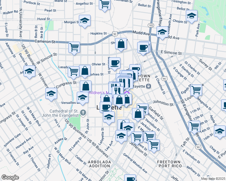 map of restaurants, bars, coffee shops, grocery stores, and more near 514 South Buchanan Street in Lafayette