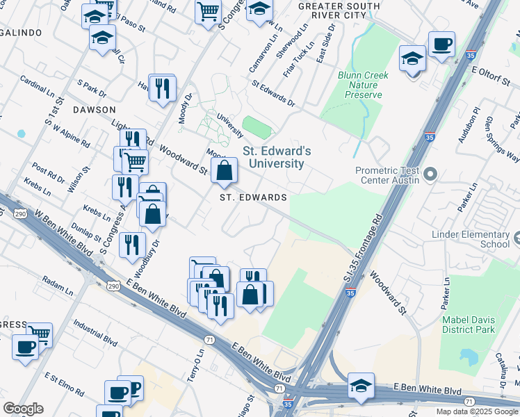 map of restaurants, bars, coffee shops, grocery stores, and more near 537 Woodward Street in Austin