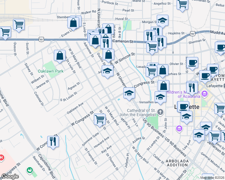 map of restaurants, bars, coffee shops, grocery stores, and more near 440 Bellevue Street in Lafayette