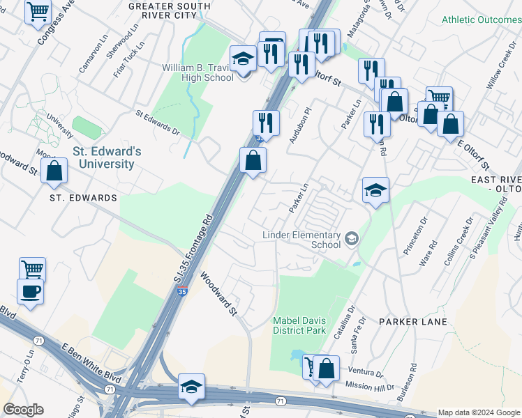 map of restaurants, bars, coffee shops, grocery stores, and more near 1710 Timber Brush Trail in Austin