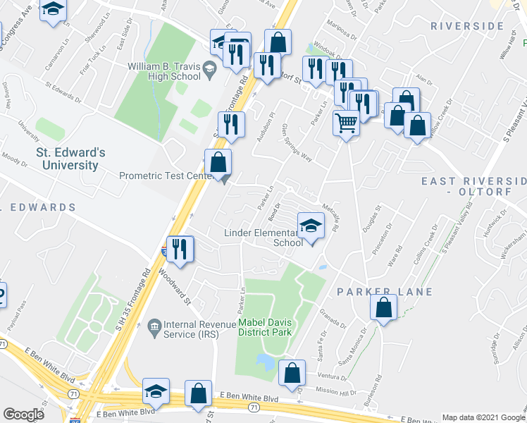 map of restaurants, bars, coffee shops, grocery stores, and more near 1726 Timber Ridge Drive in Austin