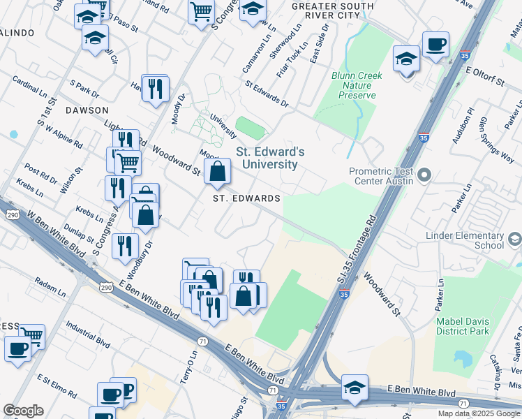 map of restaurants, bars, coffee shops, grocery stores, and more near 537 Woodward Street in Austin