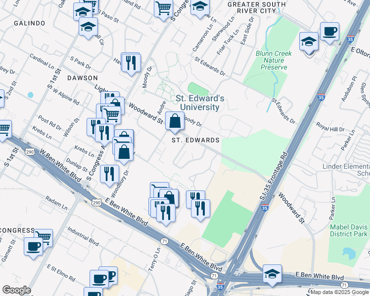 map of restaurants, bars, coffee shops, grocery stores, and more near in Austin