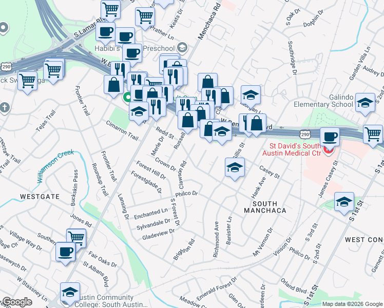 map of restaurants, bars, coffee shops, grocery stores, and more near 1700 Redd Street in Austin