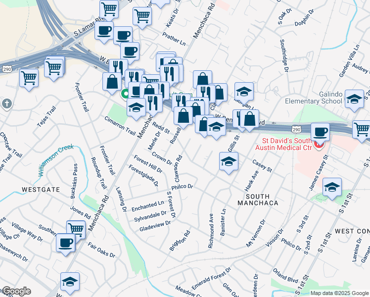 map of restaurants, bars, coffee shops, grocery stores, and more near 1700 Redd Street in Austin
