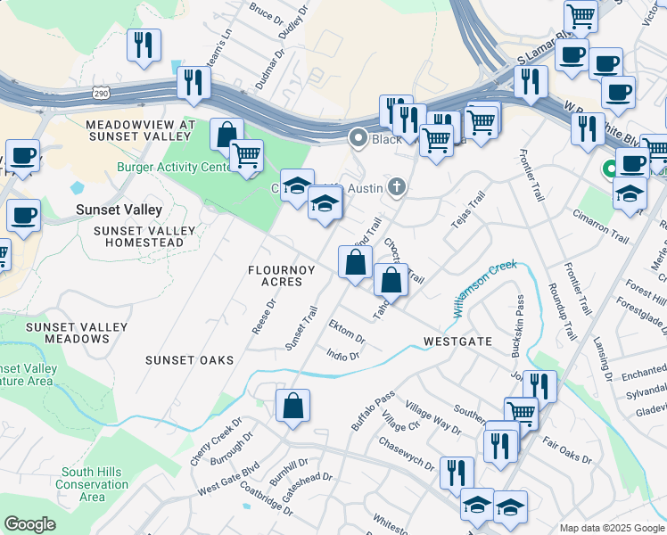 map of restaurants, bars, coffee shops, grocery stores, and more near 5006 West Wind Trail in Austin