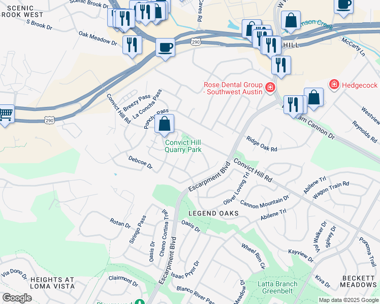 map of restaurants, bars, coffee shops, grocery stores, and more near 7408 Robert Kleburg Lane in Austin