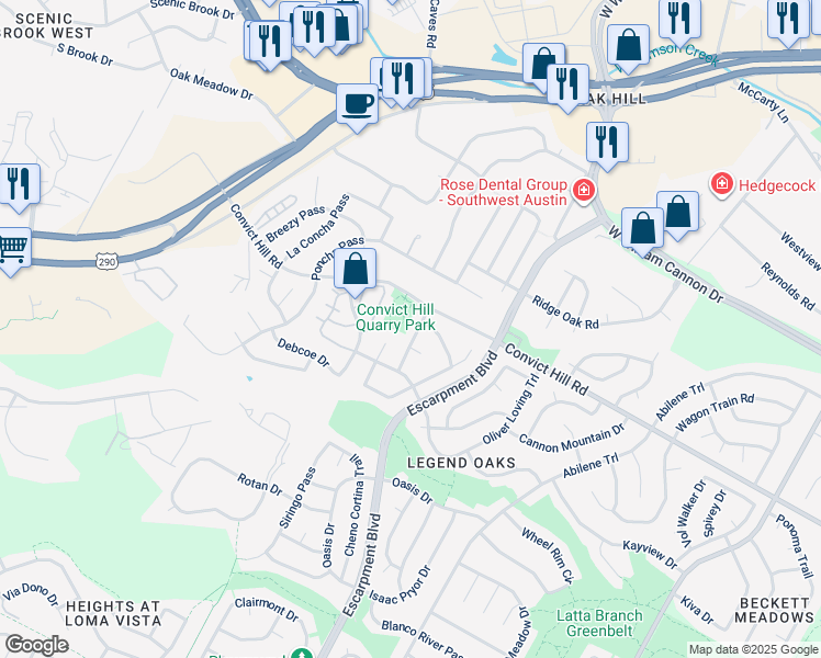 map of restaurants, bars, coffee shops, grocery stores, and more near 7408 Robert Kleburg Lane in Austin