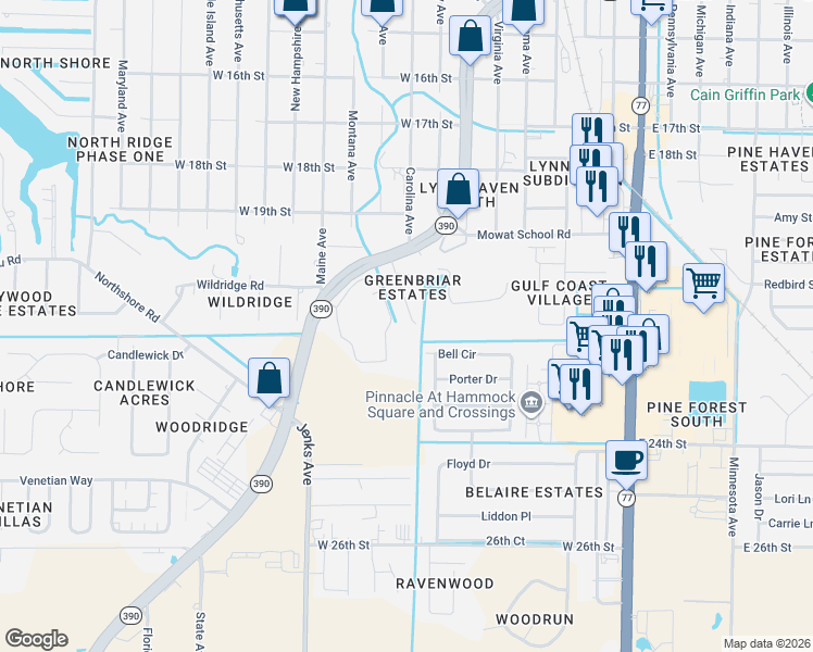 map of restaurants, bars, coffee shops, grocery stores, and more near 2021 Greenbriar Blvd in Lynn Haven