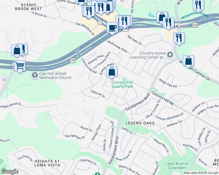 map of restaurants, bars, coffee shops, grocery stores, and more near 6729 Poncha Pass in Austin