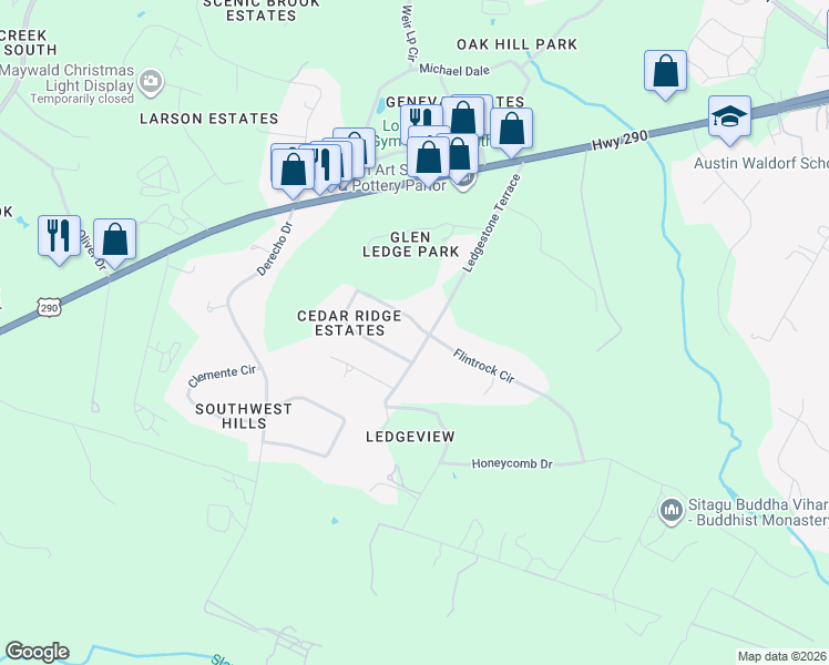 map of restaurants, bars, coffee shops, grocery stores, and more near 9701 Flintrock Circle in Austin