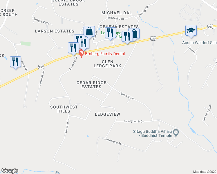 map of restaurants, bars, coffee shops, grocery stores, and more near 9701 Flintrock Circle in Austin