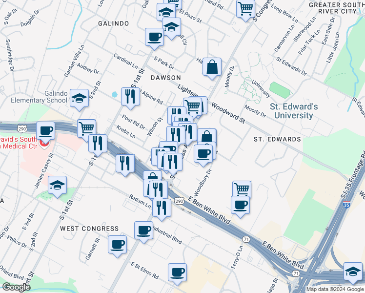 map of restaurants, bars, coffee shops, grocery stores, and more near 3720 South Congress Avenue in Austin