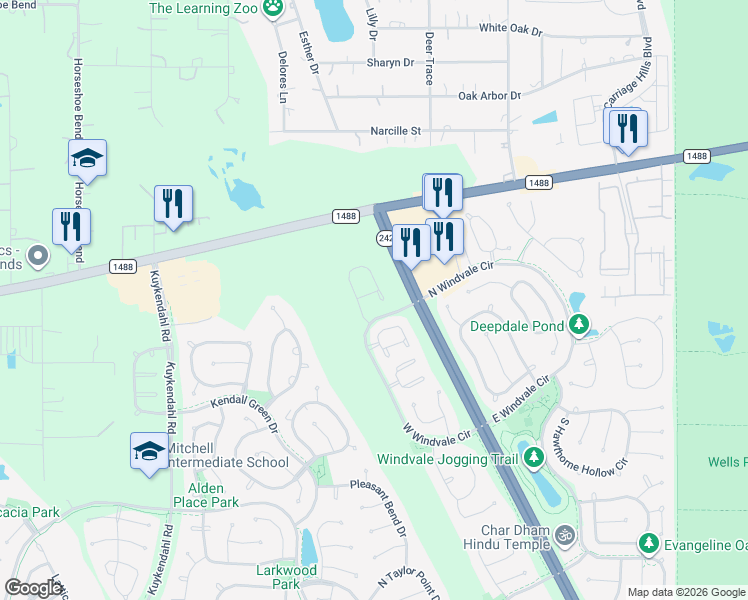 map of restaurants, bars, coffee shops, grocery stores, and more near 163 East Greenhill Terrace Place in Spring