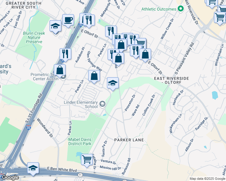 map of restaurants, bars, coffee shops, grocery stores, and more near 2600 Reeves Circle in Austin