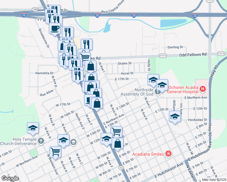 map of restaurants, bars, coffee shops, grocery stores, and more near 401 East 16th Street in Crowley