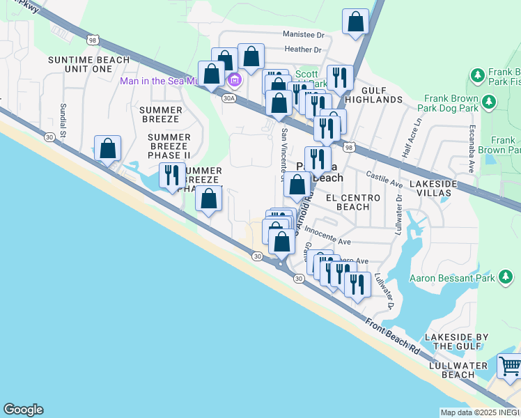 map of restaurants, bars, coffee shops, grocery stores, and more near 100 Cabana Cay Circle in Panama City Beach