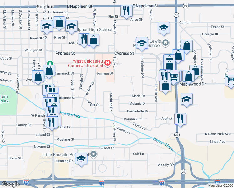 map of restaurants, bars, coffee shops, grocery stores, and more near 902 Maria Dr in Sulphur