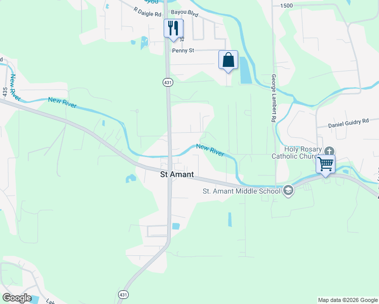 map of restaurants, bars, coffee shops, grocery stores, and more near 11024 Louisiana 431 in Saint Amant
