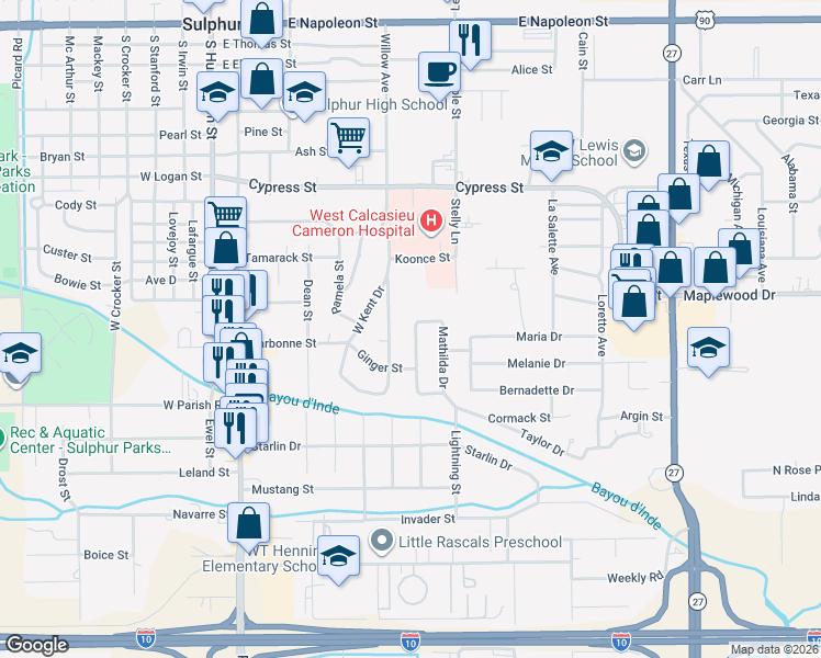 map of restaurants, bars, coffee shops, grocery stores, and more near 300 Mathilda Drive in Sulphur