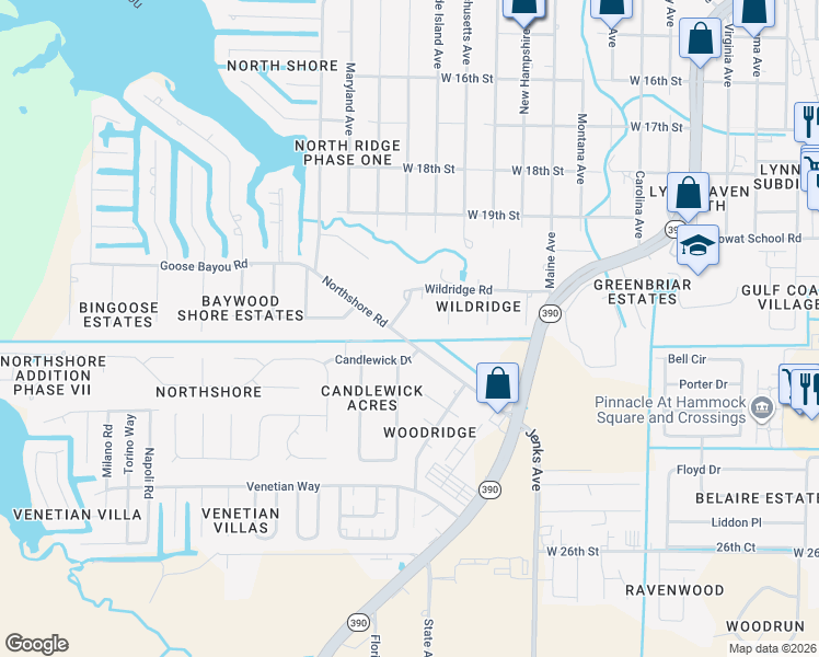 map of restaurants, bars, coffee shops, grocery stores, and more near 4316 Northshore Road in Lynn Haven