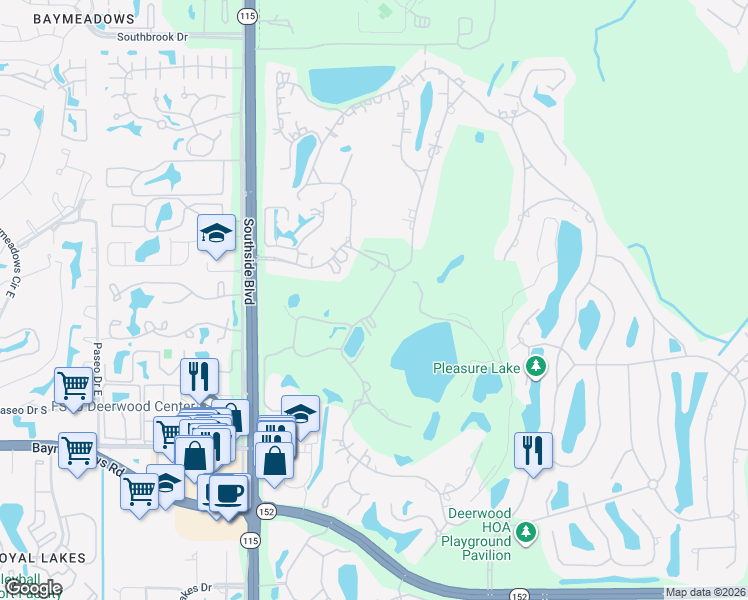 map of restaurants, bars, coffee shops, grocery stores, and more near Hollyridge Road in Jacksonville