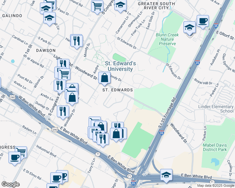map of restaurants, bars, coffee shops, grocery stores, and more near 537 Woodward Street in Austin