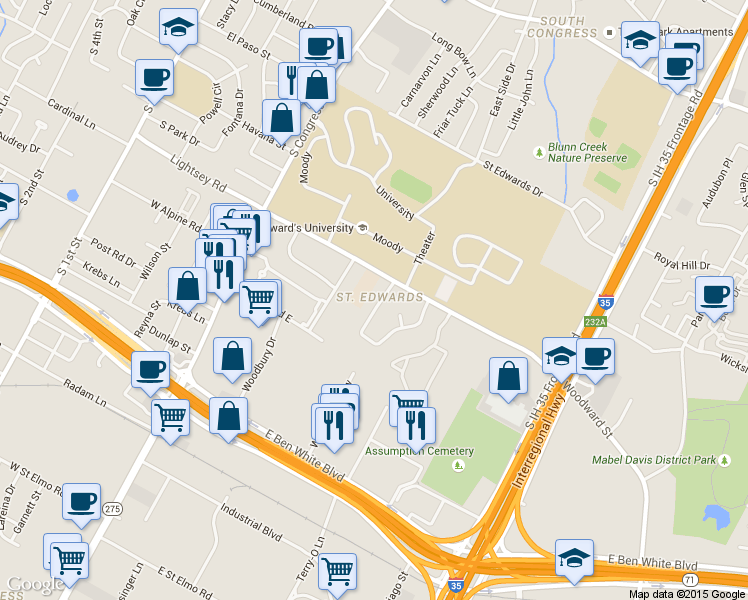 map of restaurants, bars, coffee shops, grocery stores, and more near in Austin