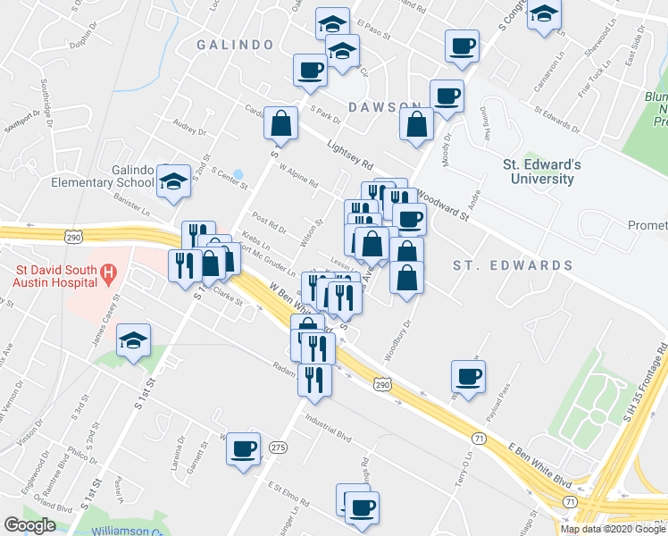 map of restaurants, bars, coffee shops, grocery stores, and more near 213 Lessin Lane in Austin