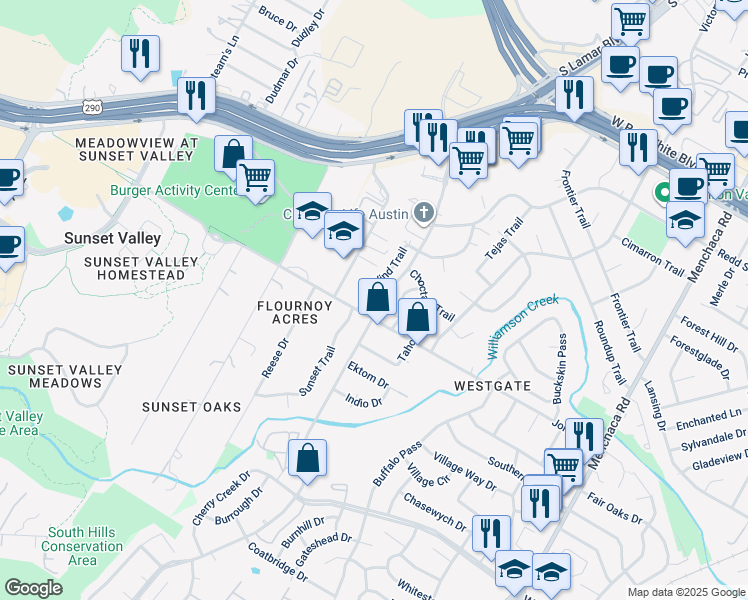 map of restaurants, bars, coffee shops, grocery stores, and more near 5006 West Wind Trail in Austin