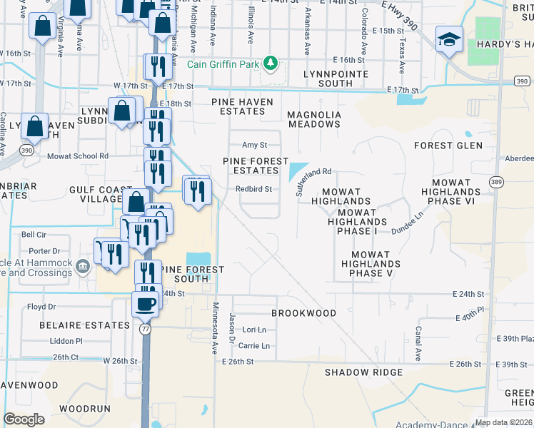 map of restaurants, bars, coffee shops, grocery stores, and more near 905 East Pine Forest Drive in Lynn Haven