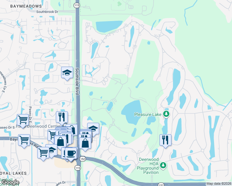 map of restaurants, bars, coffee shops, grocery stores, and more near Hollyridge Road in Jacksonville
