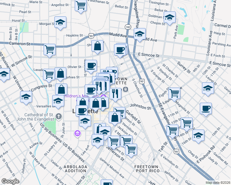 map of restaurants, bars, coffee shops, grocery stores, and more near 124 East Cypress Street in Lafayette