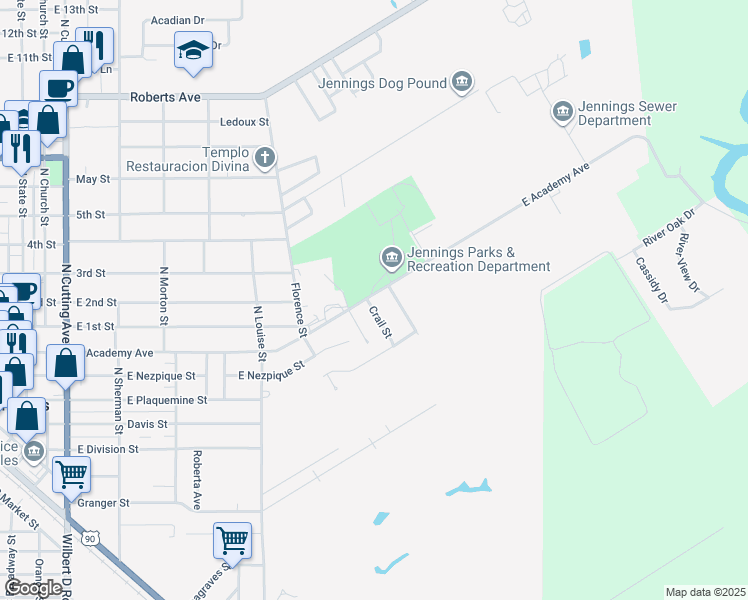 map of restaurants, bars, coffee shops, grocery stores, and more near 1201 East Academy Avenue in Jennings
