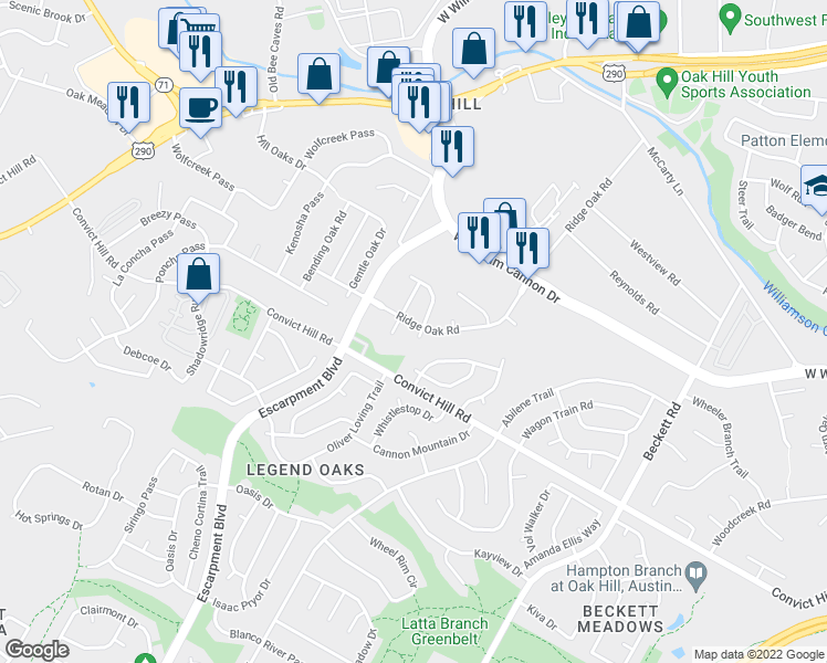 map of restaurants, bars, coffee shops, grocery stores, and more near 6113 Jumano Lane in Austin